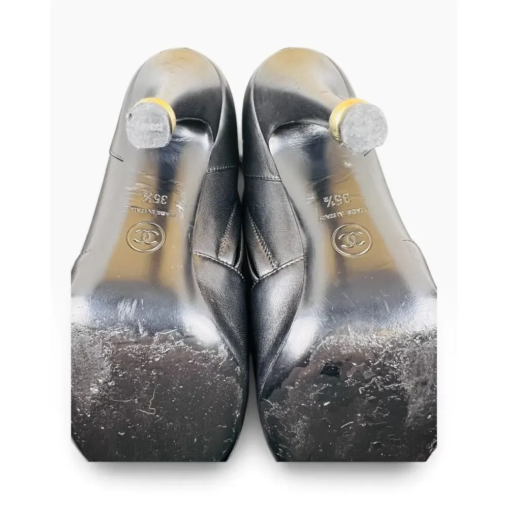 Chanel 15A Camellia Black Lambskin Leather CC Ankle Boots 35.5 Karl Lagerfeld